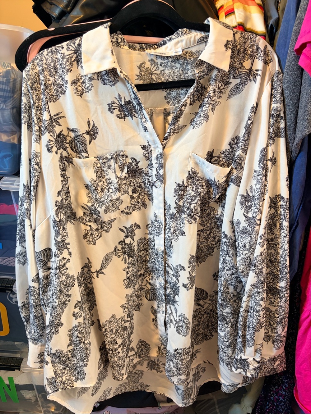 Ricki's Cream Blouse with Black Floral Print Button-Front
